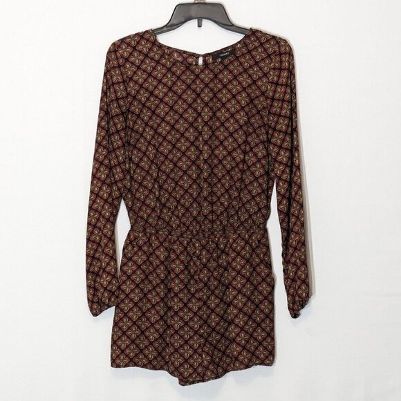 Women's FOREVER 21 Burgundy/Black, Chiffon Long Sleeve Romper; Open Back; Size M - Picture 1 of 5